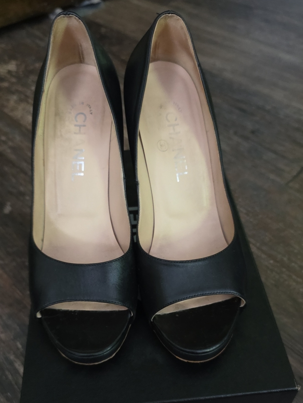 CHANEL Black Leather Open-Toe Pumps Size 37.5/7 1/2